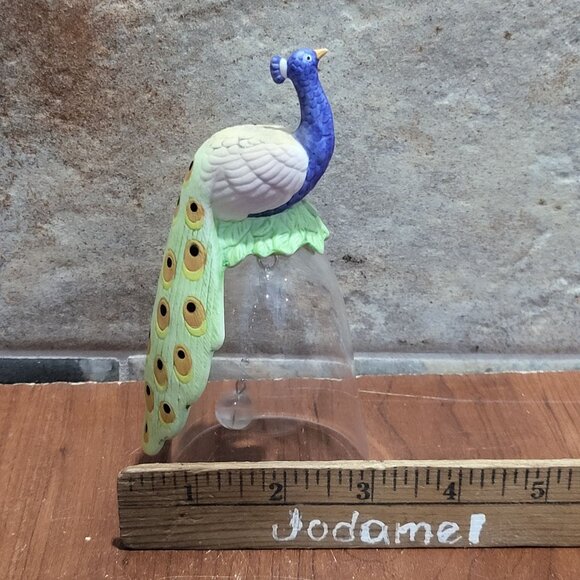 Peacock Bird Figurine on Crystal Glass Bell Silver Tone Chain Glass Ball - Picture 11 of 11